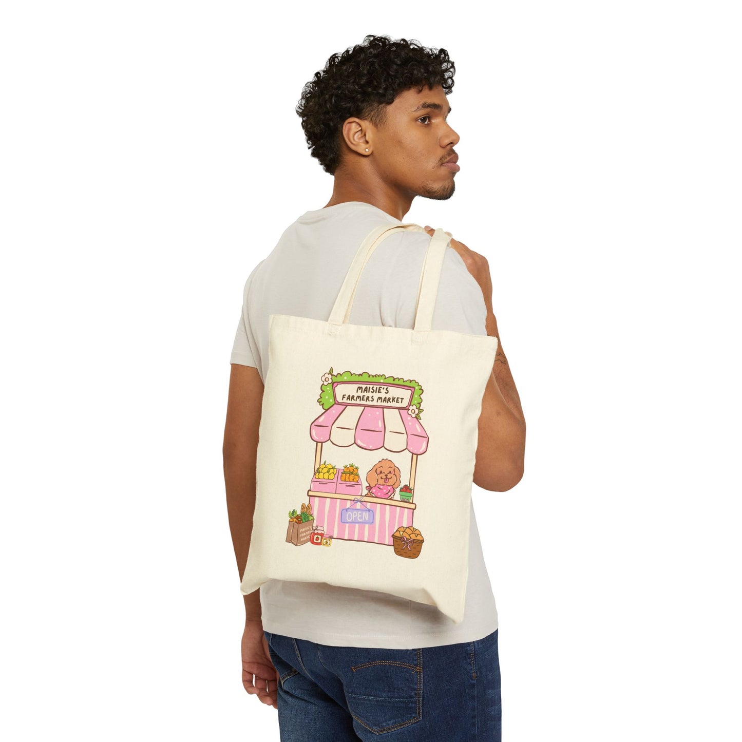 Farmer's Market Tote Bag — Cute Pink Produce Stand Cotton Canvas Tote