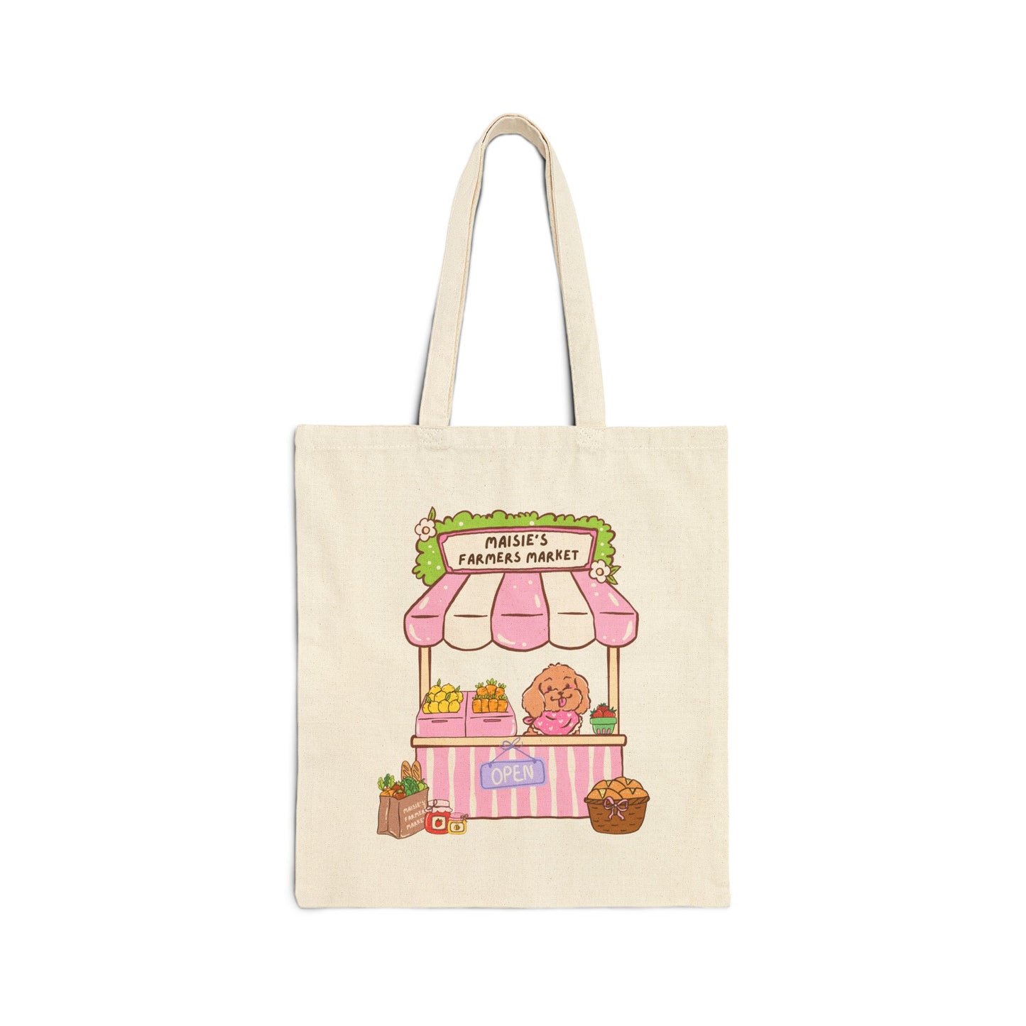 Farmer's Market Tote Bag — Cute Pink Produce Stand Cotton Canvas Tote