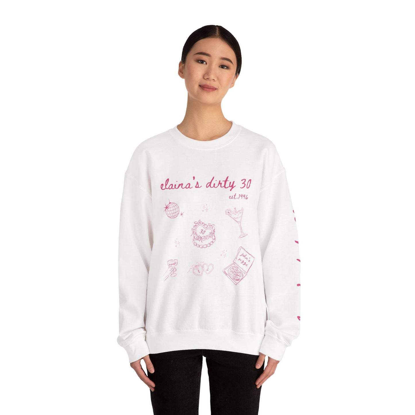 Crewneck Sweatshirt — "claira's dirty 30" Pink Illustration Birthday Pullover